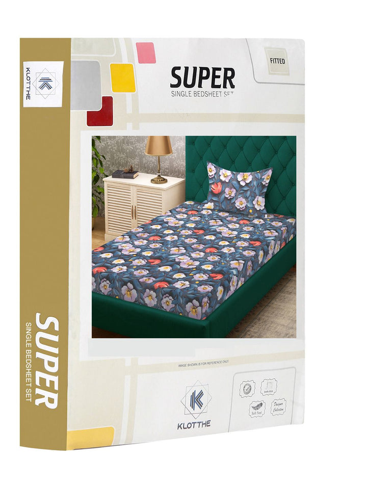 KLOTTHE Blue Floral Printed Fitted 300 TC Single 7D Bedsheet With Pillow Cover