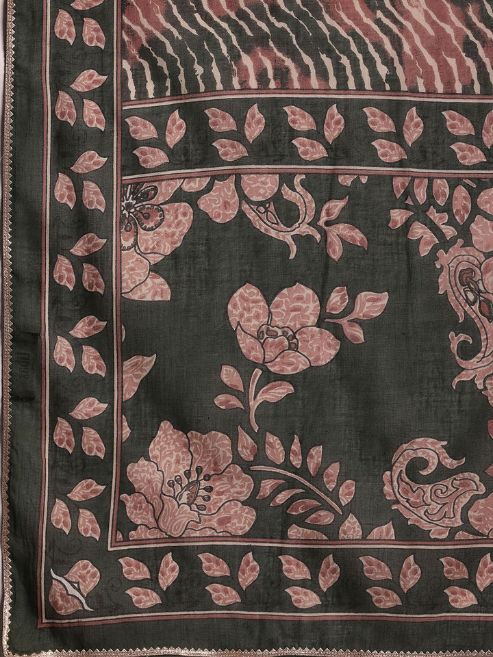 Libas Green Floral Printed Gotta Patti Pure Cotton Kurta With Palazzos & Dupatta