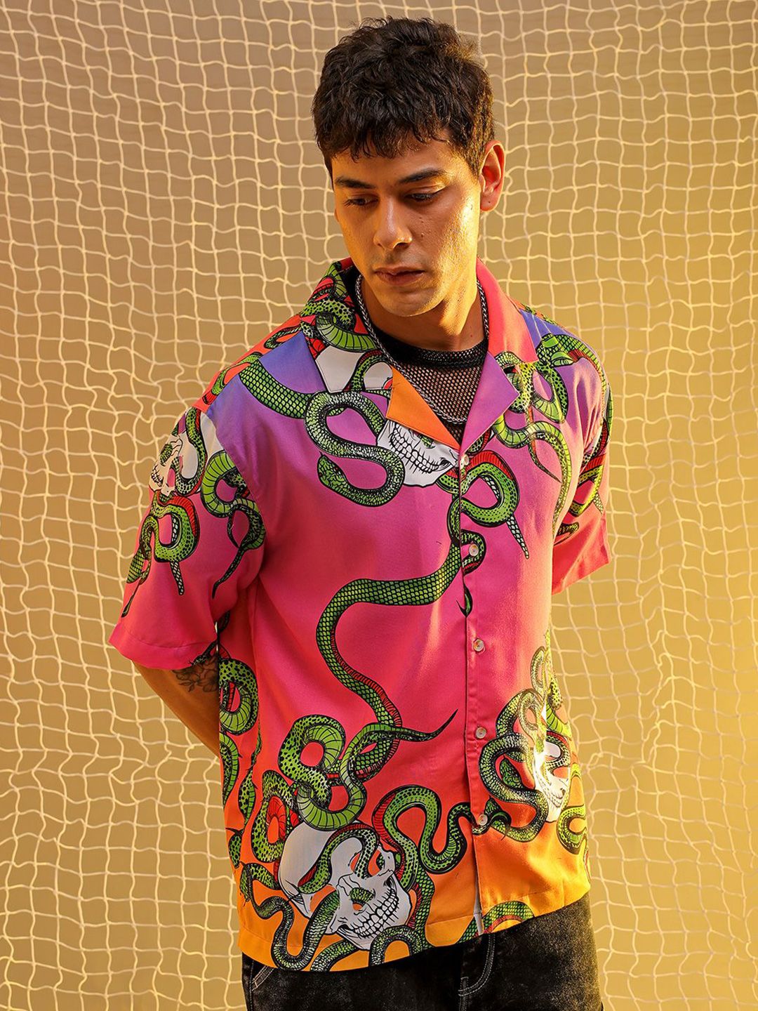 The Indian Garage Co Men Cuban Collar Animal Printed Oversized Resortwear Shirt