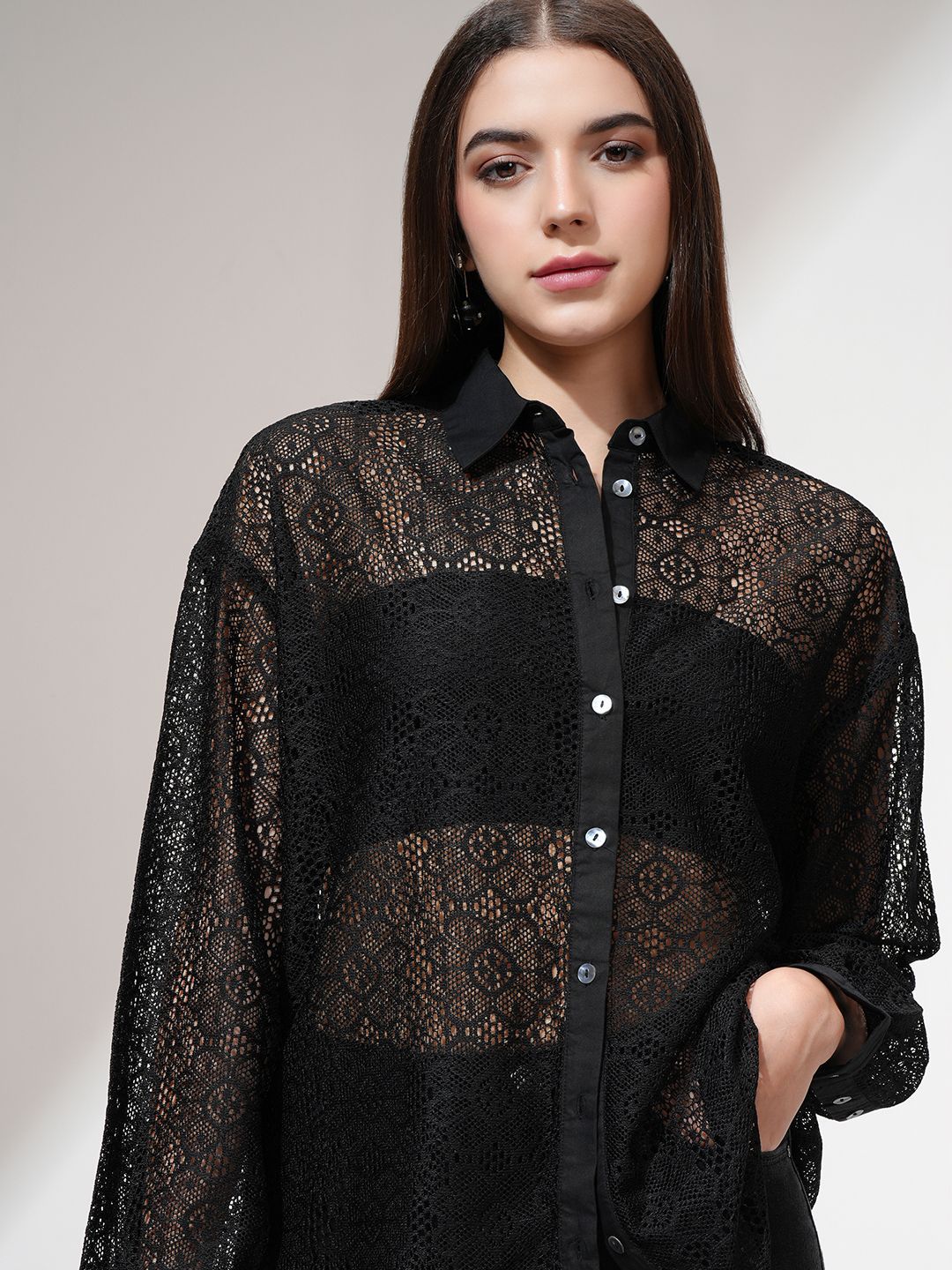 Tokyo Talkies Women Relaxed Fit Drop Shoulder Lace Shirt