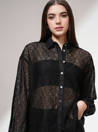 Tokyo Talkies Women Relaxed Fit Drop Shoulder Lace Shirt