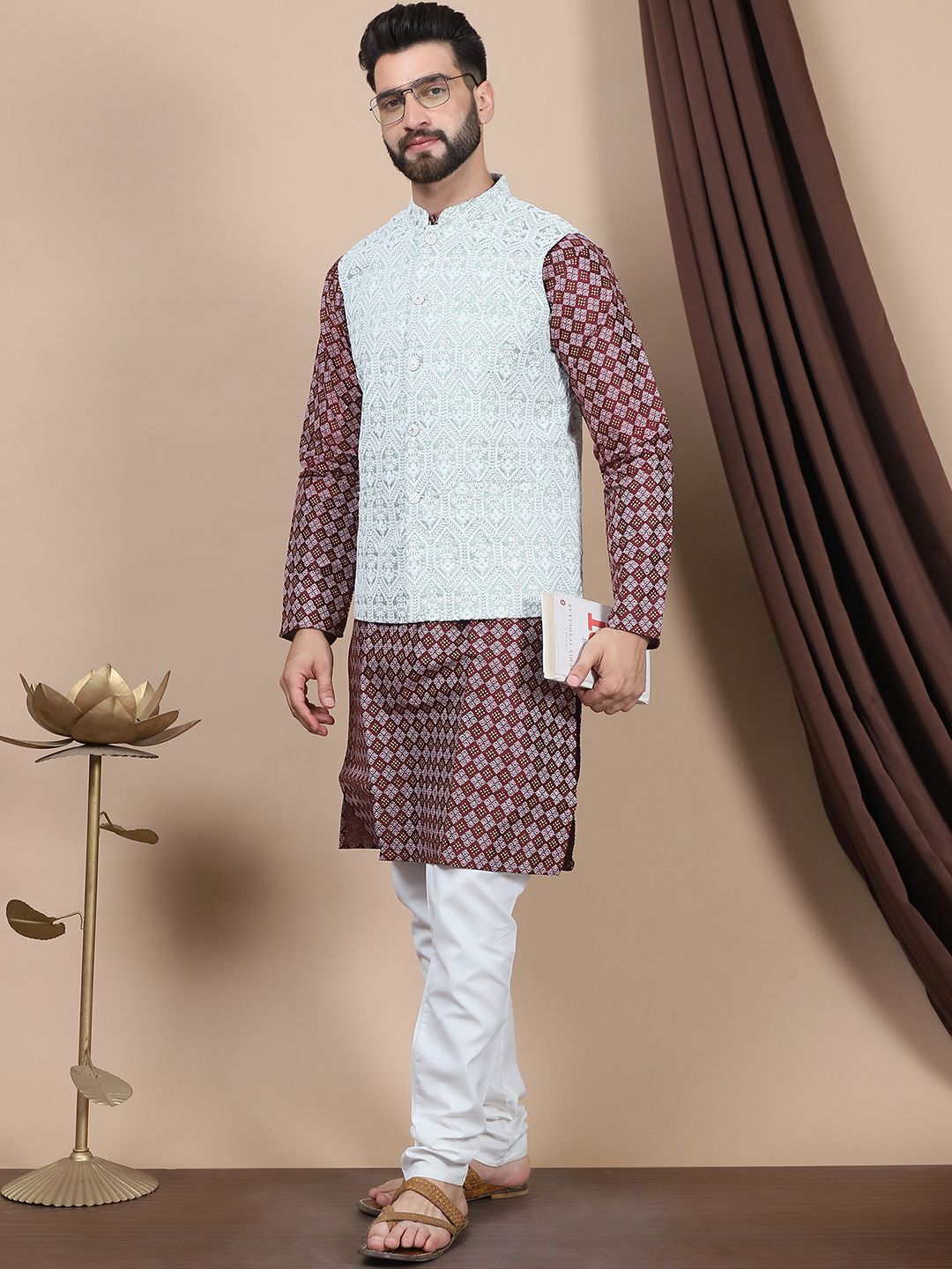 Anouk Purple Ethnic Motifs Woven Design Mandarin Collar Straight Kurta & Nehru Jacket