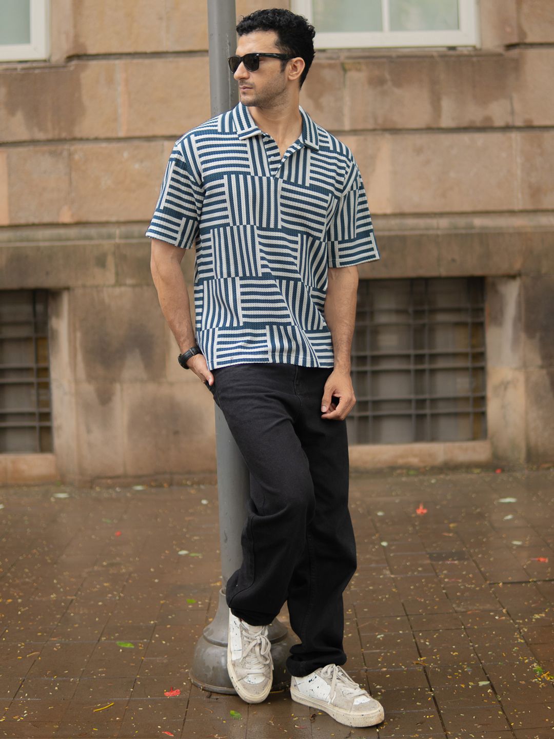 Powerlook SS25 Oversized Geometric Printed Polo Collar Drop-Shoulder Sleeves T-Shirt