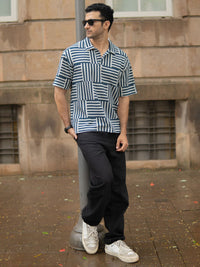 Powerlook SS25 Oversized Geometric Printed Polo Collar Drop-Shoulder Sleeves T-Shirt