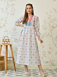 Rustorange Women Ethnic Motif Print Round Neck A-Line Cotton Midi Dress