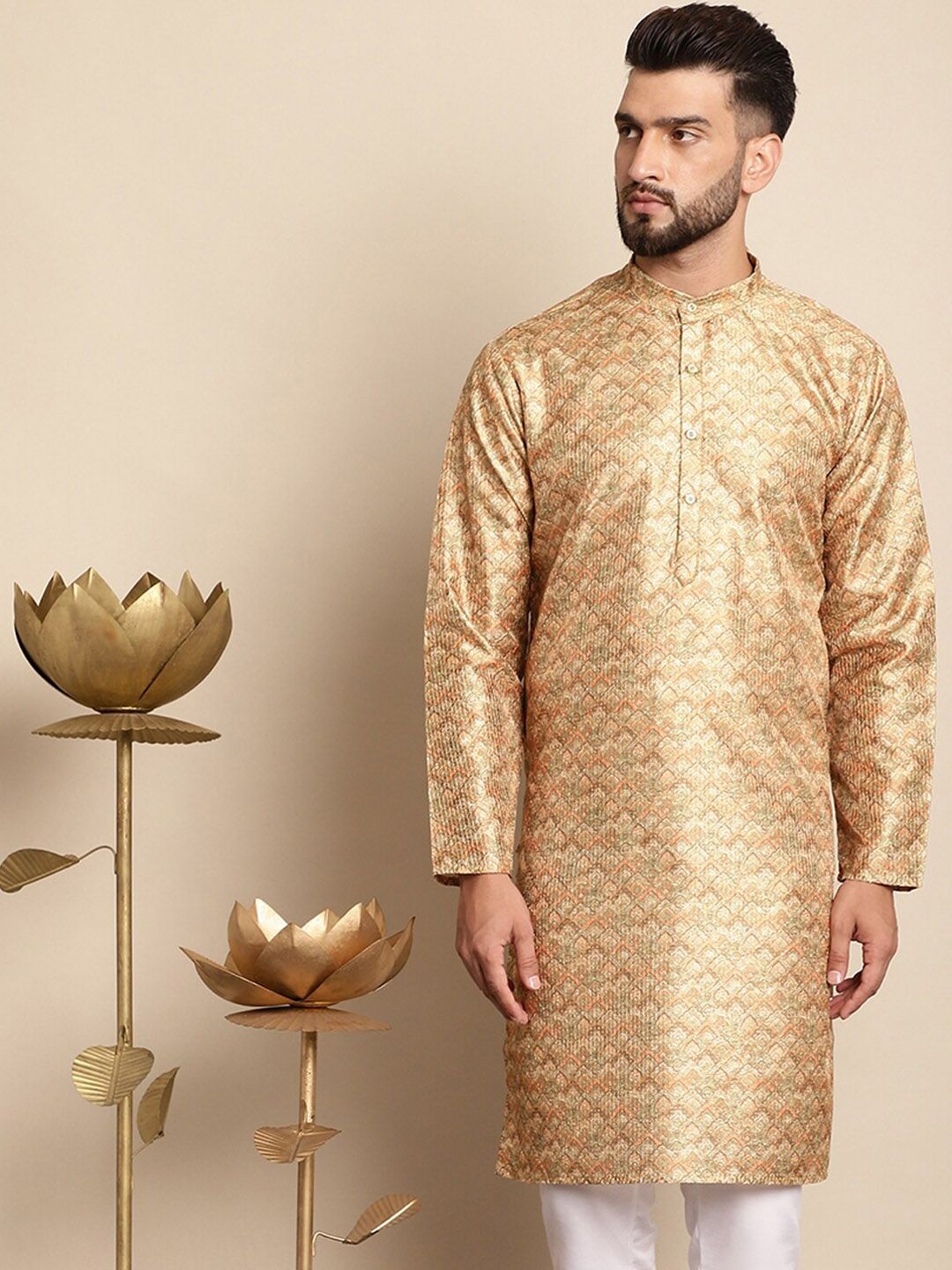 Anouk Ethnic Motifs Printed Band Collar Sequins Detail Silk Cotton Straight Kurta