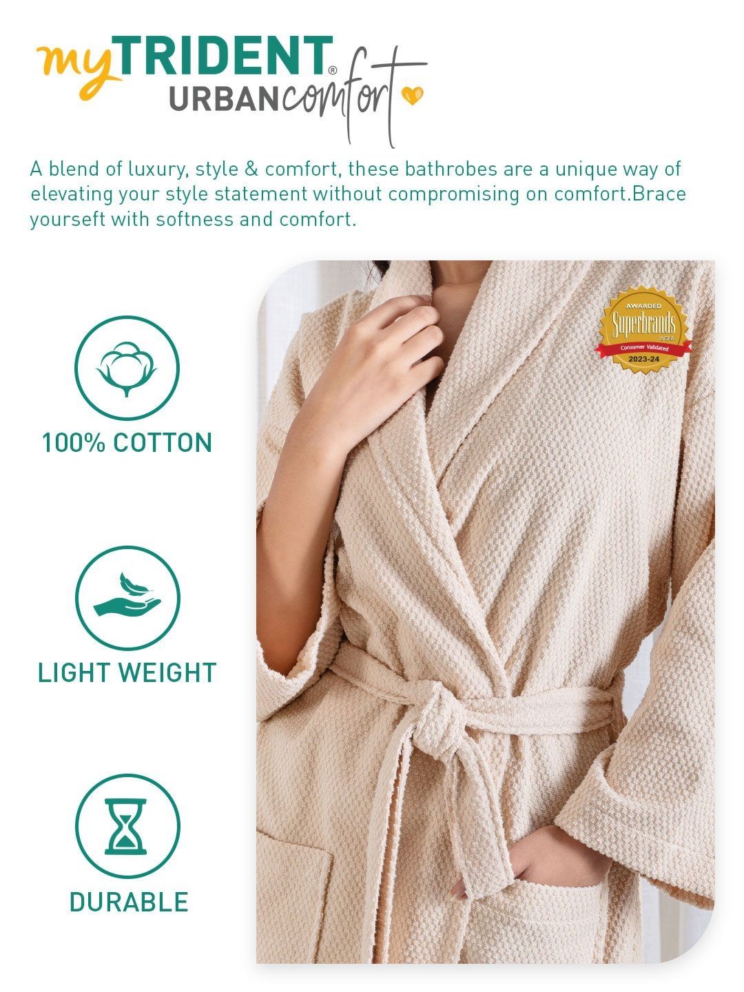 MYTRIDENT Urban Comfort Unisex Beige Colored 240 GSM Pure Cotton Bath Robe