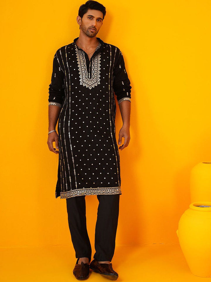 SOJANYA LUXE Geometri Cermin Kerja Mandarin Collar Kurta Sutera Lurus