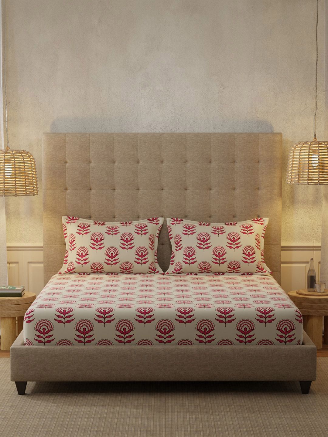 URBAN SPACE Florabell Cherry Red 200 TC Floral Queen Bedsheet