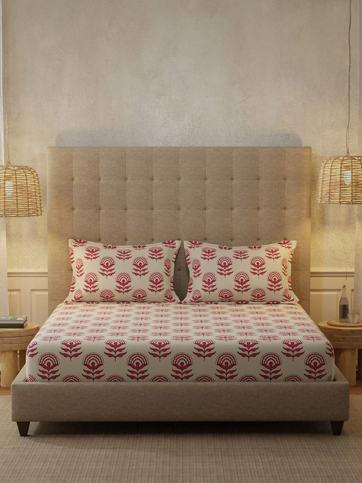 URBAN SPACE Florabell Cherry Red 200 TC Floral Queen Bedsheet