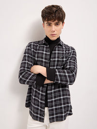 THE BEAR HOUSE Men Spread Collar Tartan Checked Cotton Slim Fit Shirt