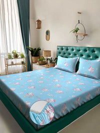 Watak Kartun Biru KLOTTHE Kapas Tulen 400 TC Dilengkapi Cadar King Superfine dengan 2 Sarung Bantal-98 x 89 inci