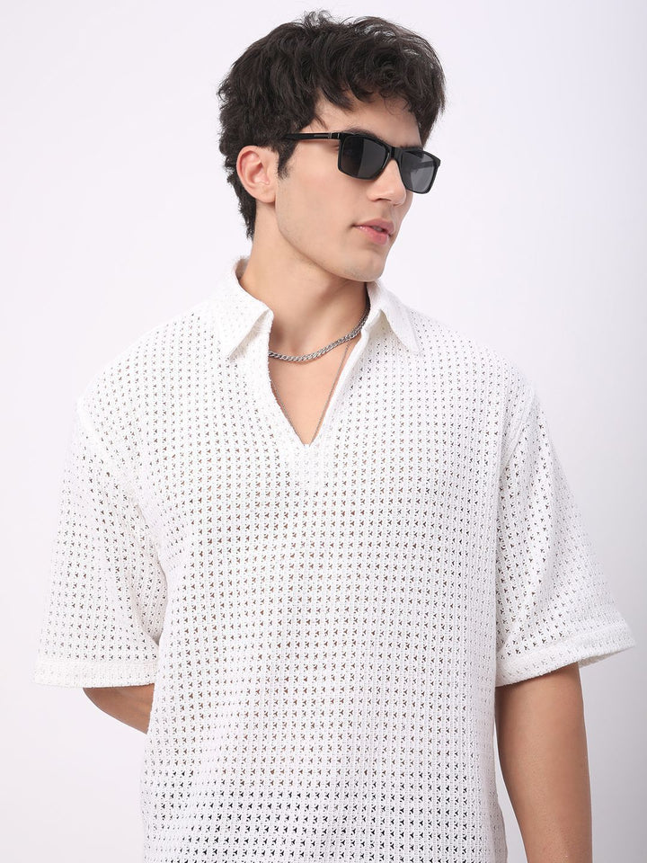 VASTRADO Oversized Classic Crochet Polo Collar Cotton T-Shirt