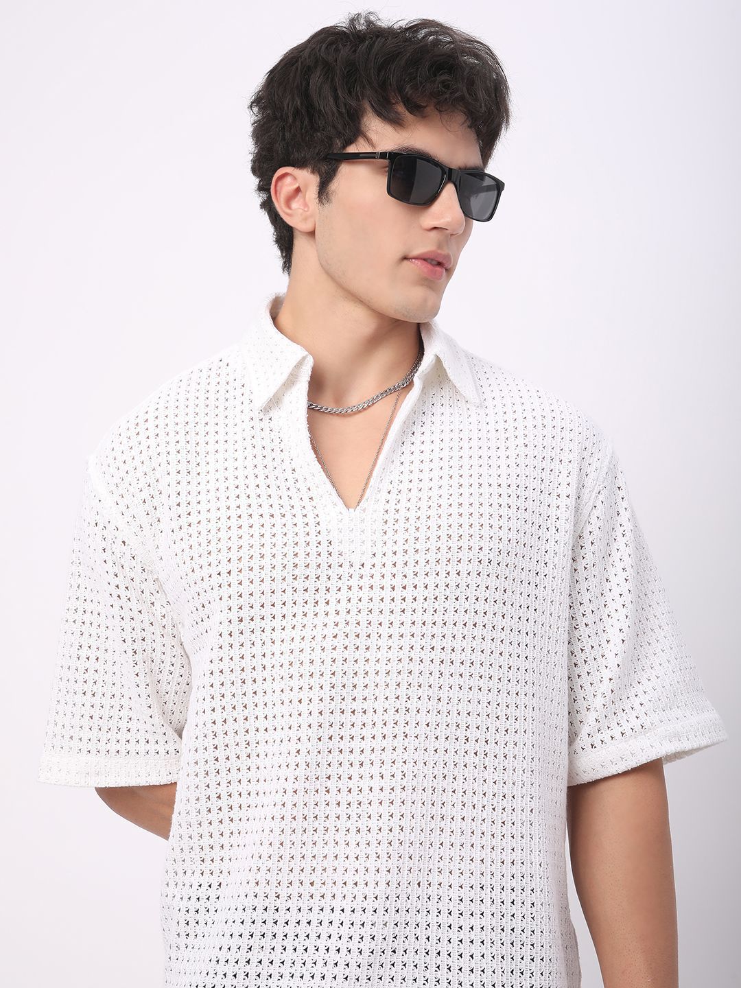 VASTRADO Oversized Classic Crochet Polo Collar Cotton T-Shirt