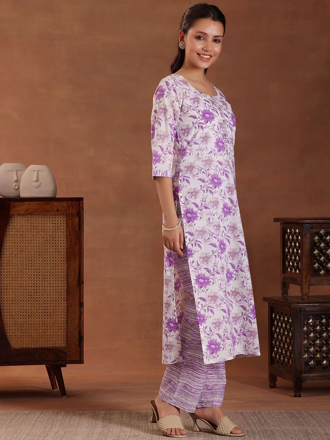 Libas Floral Printed Pure Cotton Straight Kurta with Trousers & With Dupatta