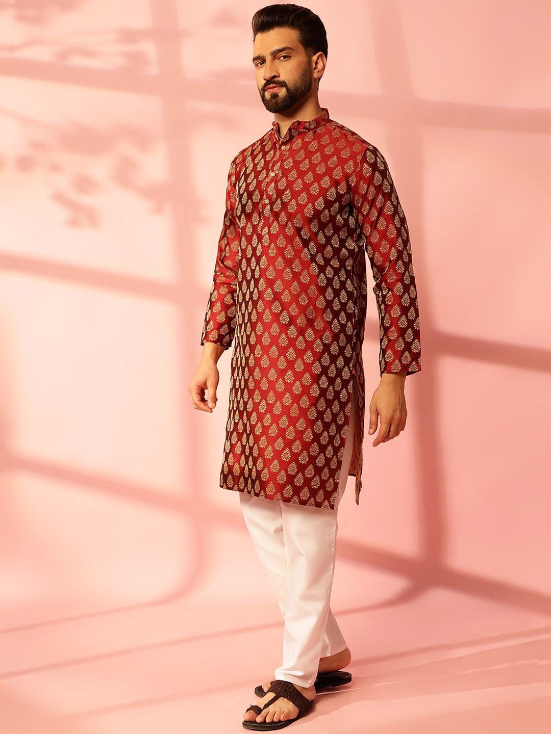 Anouk Ethnic Motifs Woven Design Mandarin Collar Straight Kurta