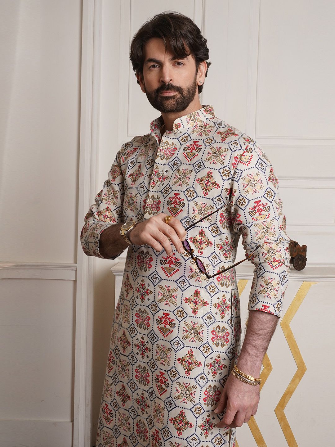 SOJANYA Kurta Bercetak Geometrik Berwarna Krim Lelaki