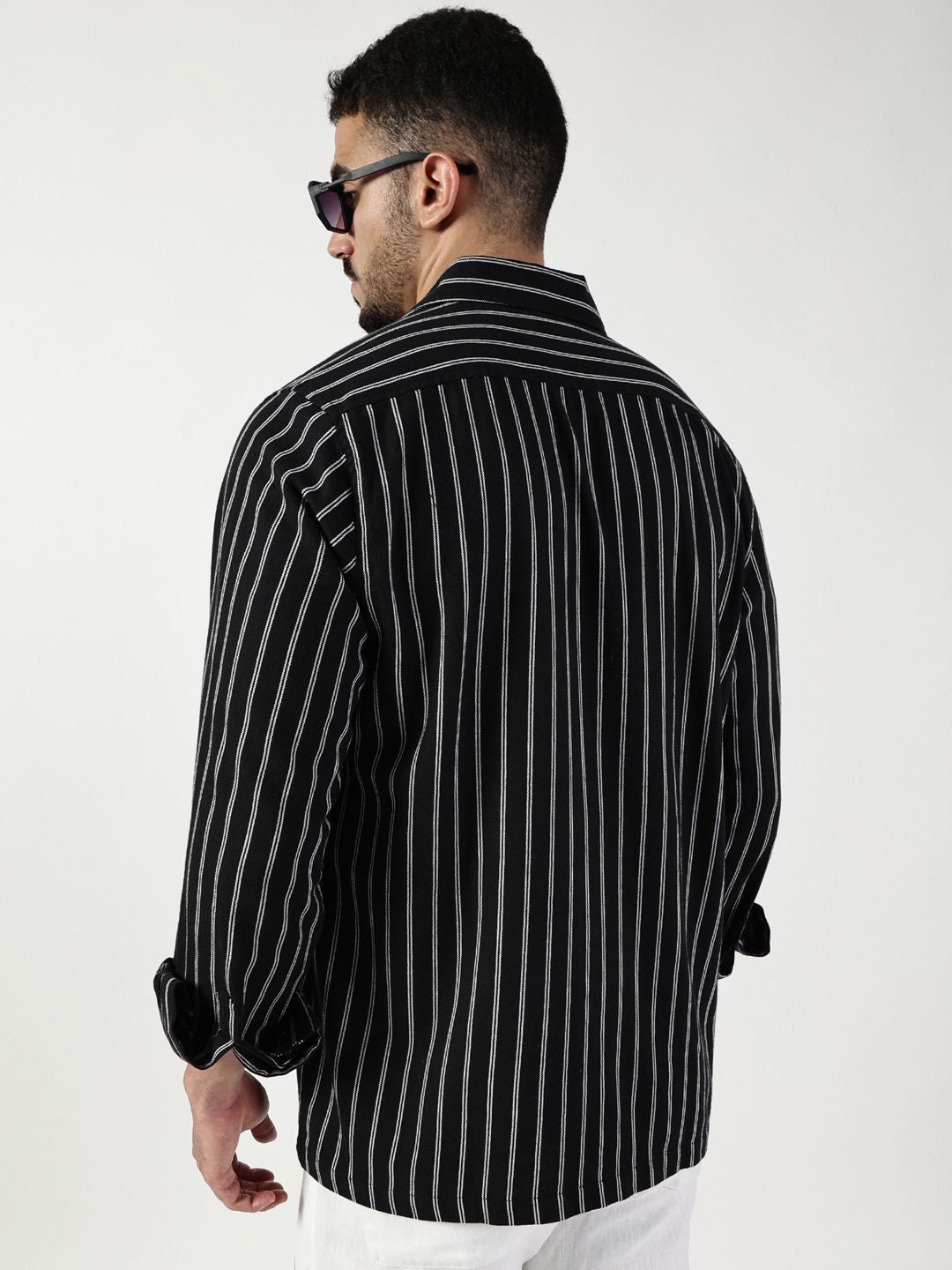 Thomas Scott Men Premium Spread Collar Vertical Striped Cotton Slim Fit Casual Shirt