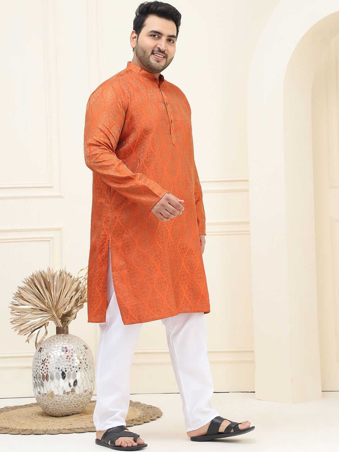SOJANYA PLUS Geometric Woven Design Mandarin Collar Kurta with Churidar