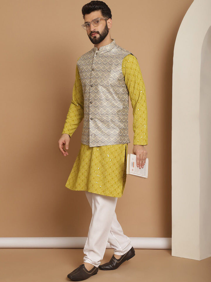 Kurta Sulam Geometik Lelaki Anouk Dengan Jaket Nehru Rekaan Churidar & Tenunan