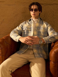 DENNISON Men Double Pocket Drop Shoulder Oversized Cotton Checked Shacket