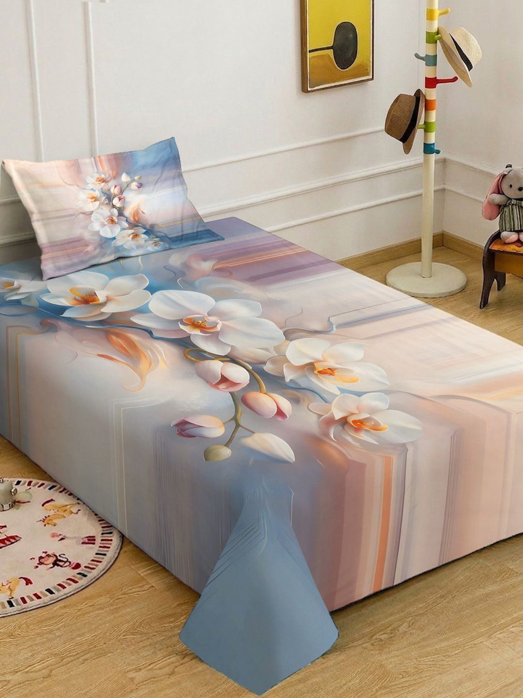Myntra Elegant Homes Blue & White Floral 400 TC Single 7D Bedsheet with 1 Pillow Covers
