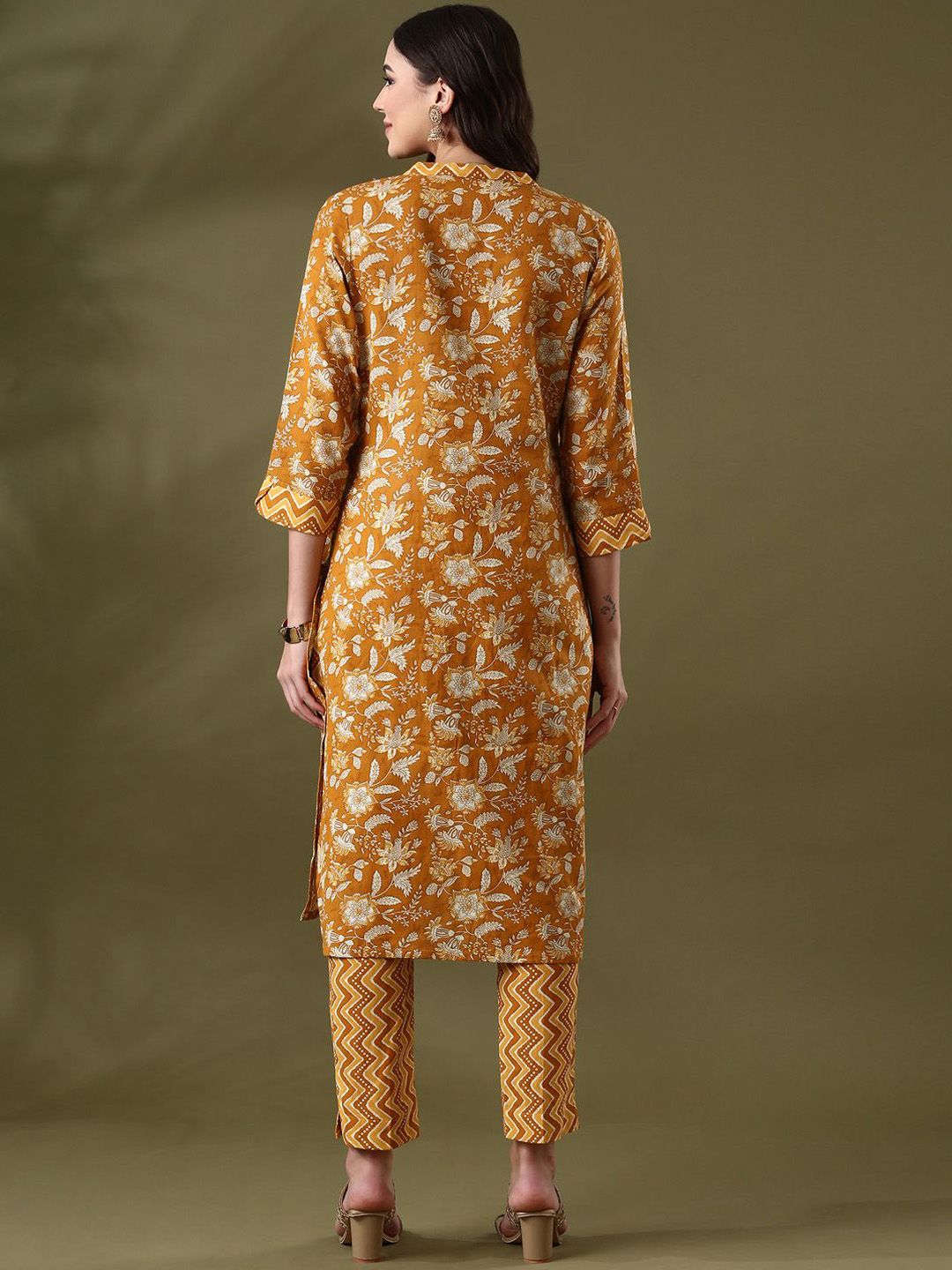 Anouk Mustard Yellow Floral Printed Mandarin Collar PureCotton Straight Kurta With Trouser