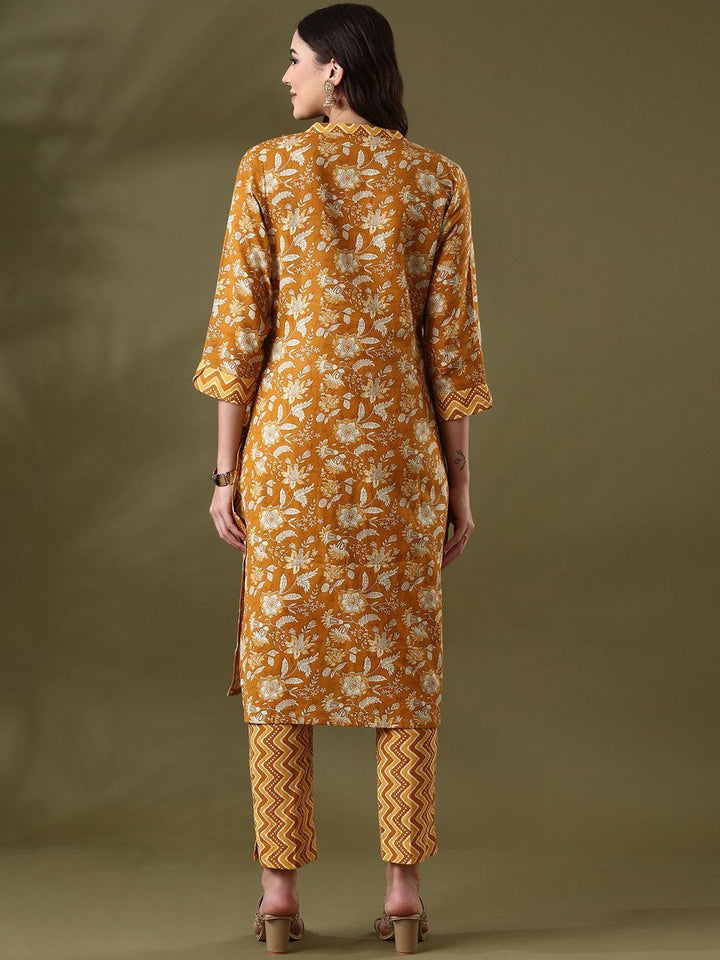 Anouk Mustard Yellow Floral Printed Mandarin Collar PureCotton Straight Kurta With Trouser