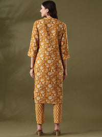 Anouk Mustard Yellow Floral Printed Mandarin Collar PureCotton Straight Kurta With Trouser