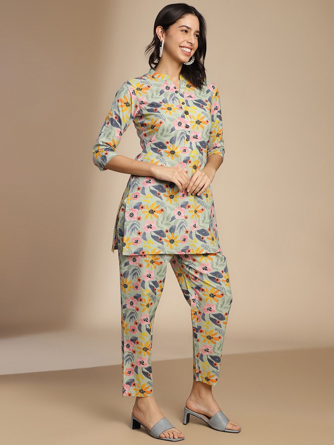 KALINI Floral Printed Pure Cotton Top With Trousers Co-Ords