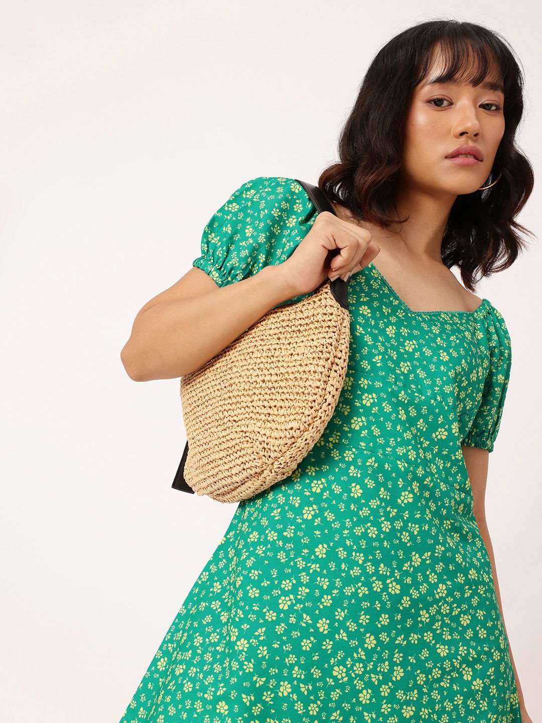 DressBerry Girlish Bloom Sweetheart Neck Puff Sleeves A-Line Dress