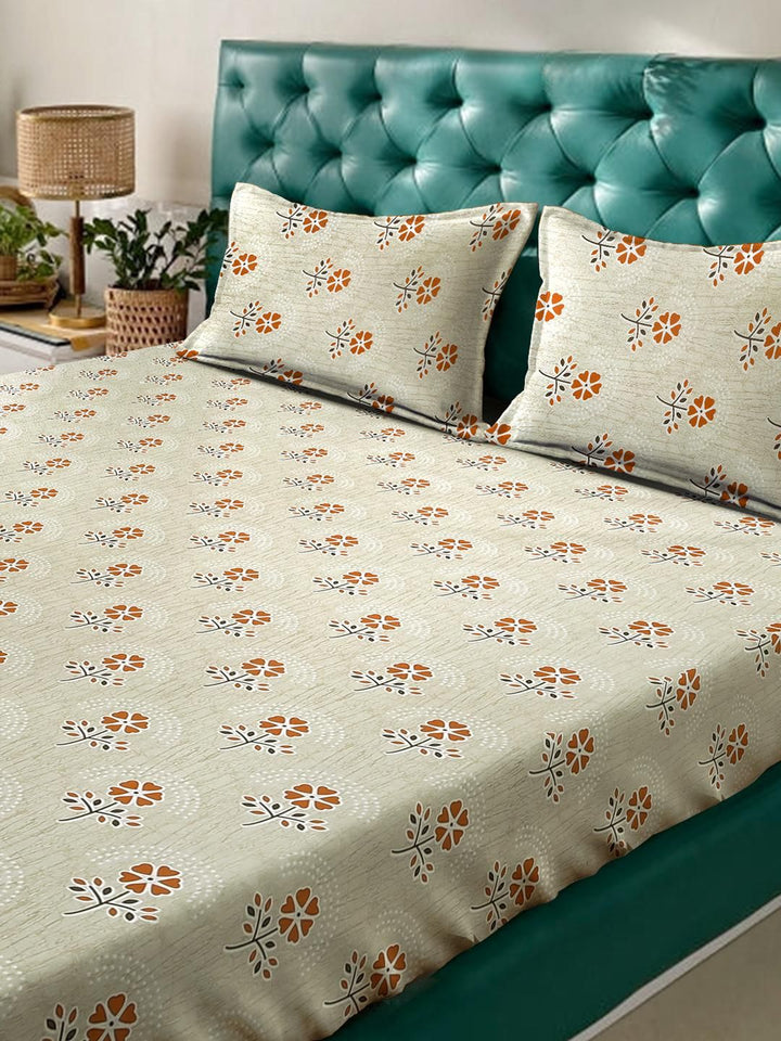 KLOTTHE Yellow & Orange Floral Printed 400 TC Cotton King Bedsheet Set 2.50 m x 2.25 m