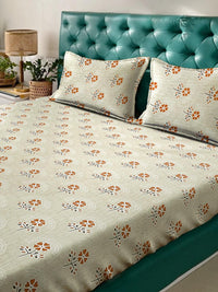KLOTTHE Yellow & Orange Floral Printed 400 TC Cotton King Bedsheet Set 2.50 m x 2.25 m