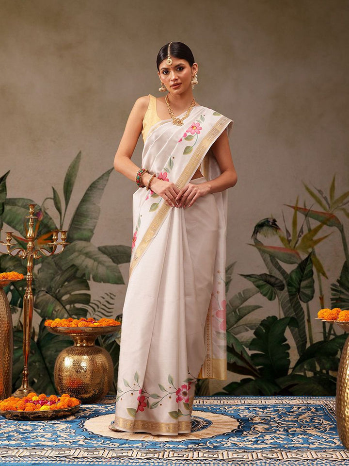 Silk Land Onam Special Floral Printed Kasavu Silk Saree