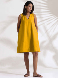 trueBrowns Women A-Line Mustard Cotton Blend Short Dress