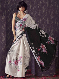 Tikhi Imli Floral Satin Fusion Black And White Saree