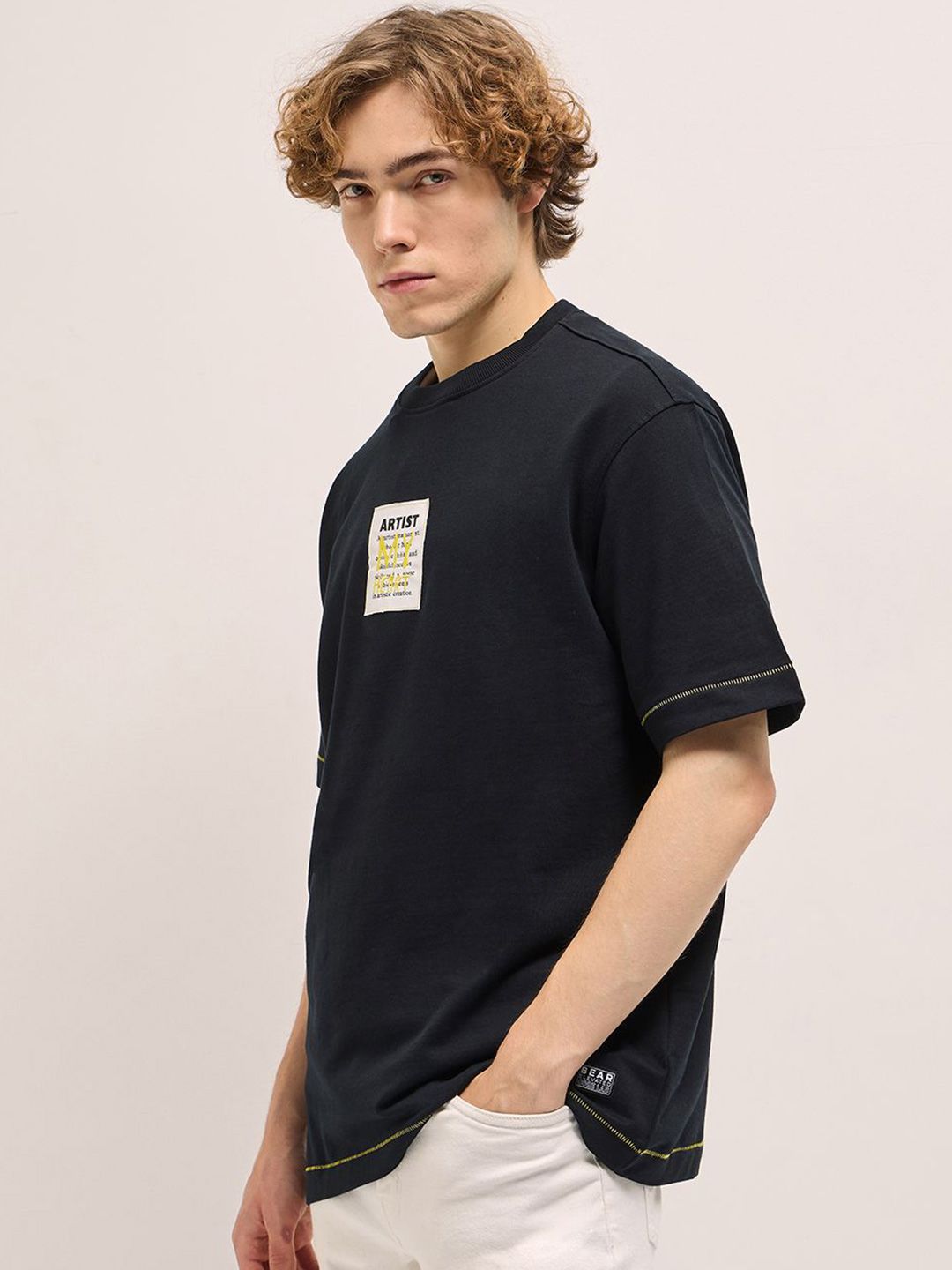 THE BEAR HOUSE Men Oversized Fit Typography Back Printed Pure Cotton T-shirt