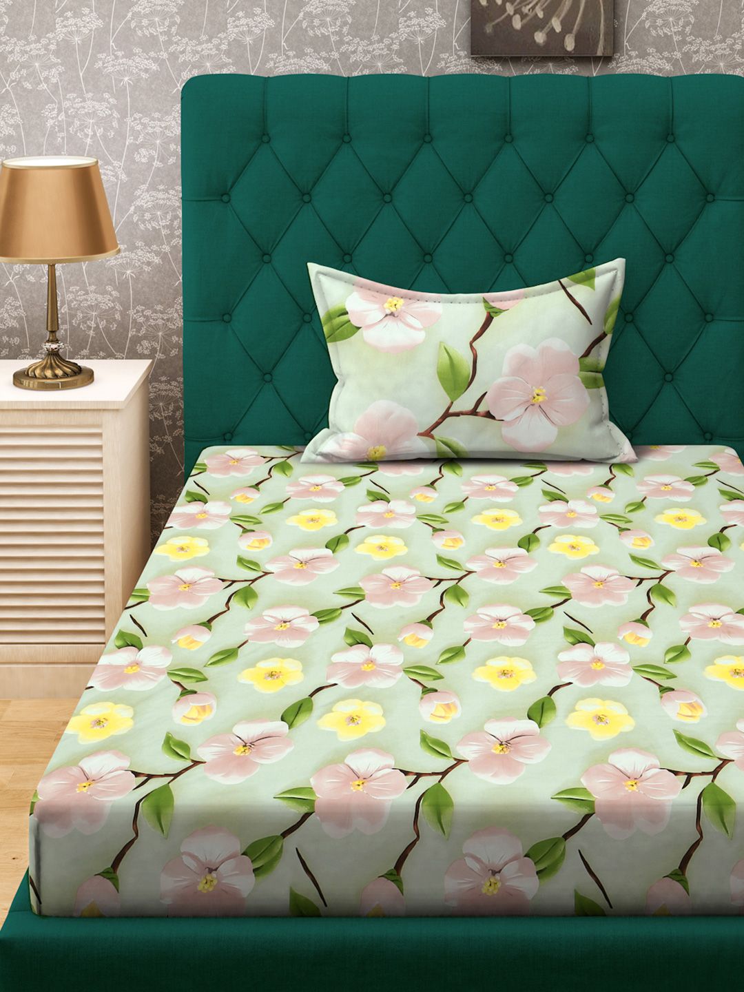 KLOTTHE Green & Yellow Floral Printed Fitted 300 TC Single 7D Bedsheet With Pillow Cover