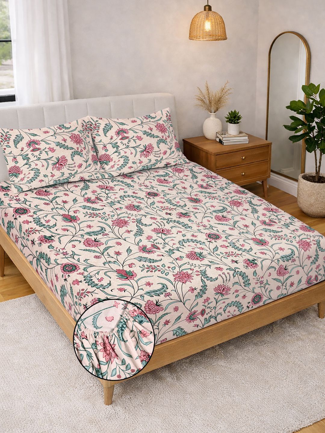 Myntra Elegant Homes Beige Floral 300 TC King Bedsheet With 2 Pillow Covers