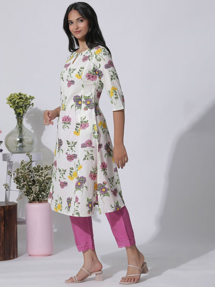 W Floral Printed Keyhole Neck Panelled Cotton A-Line Kurta