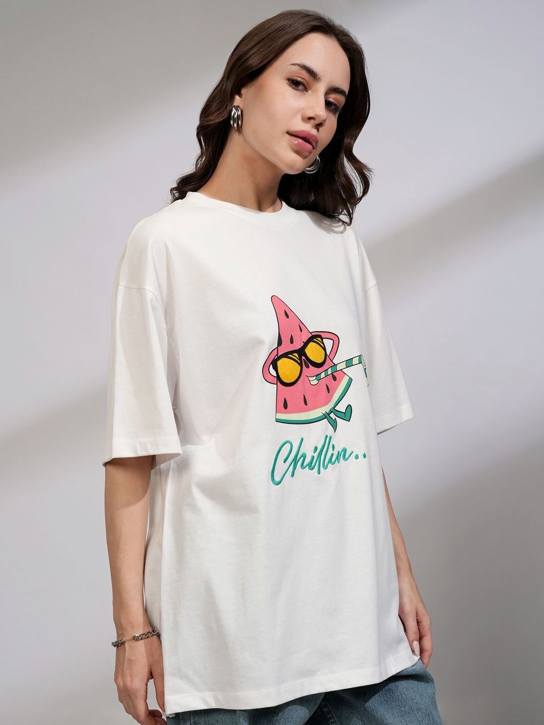 Street By Tokyo Talkies Women Solid Oversized Fit Chest and Back Print T-shirt
