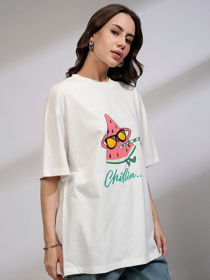 Street By Tokyo Talkies Women Solid Oversized Fit Chest and Back Print T-shirt