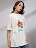 Street By Tokyo Talkies Women Solid Oversized Fit Chest and Back Print T-shirt