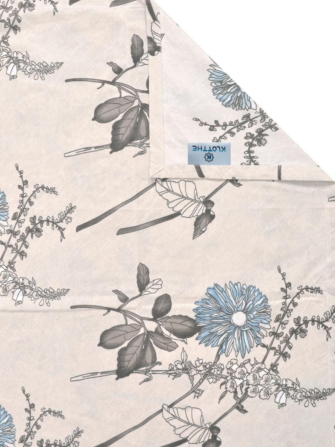 KLOTTHE Cream-Coloured & Blue Floral King Bedsheet with 2 Pillow Covers