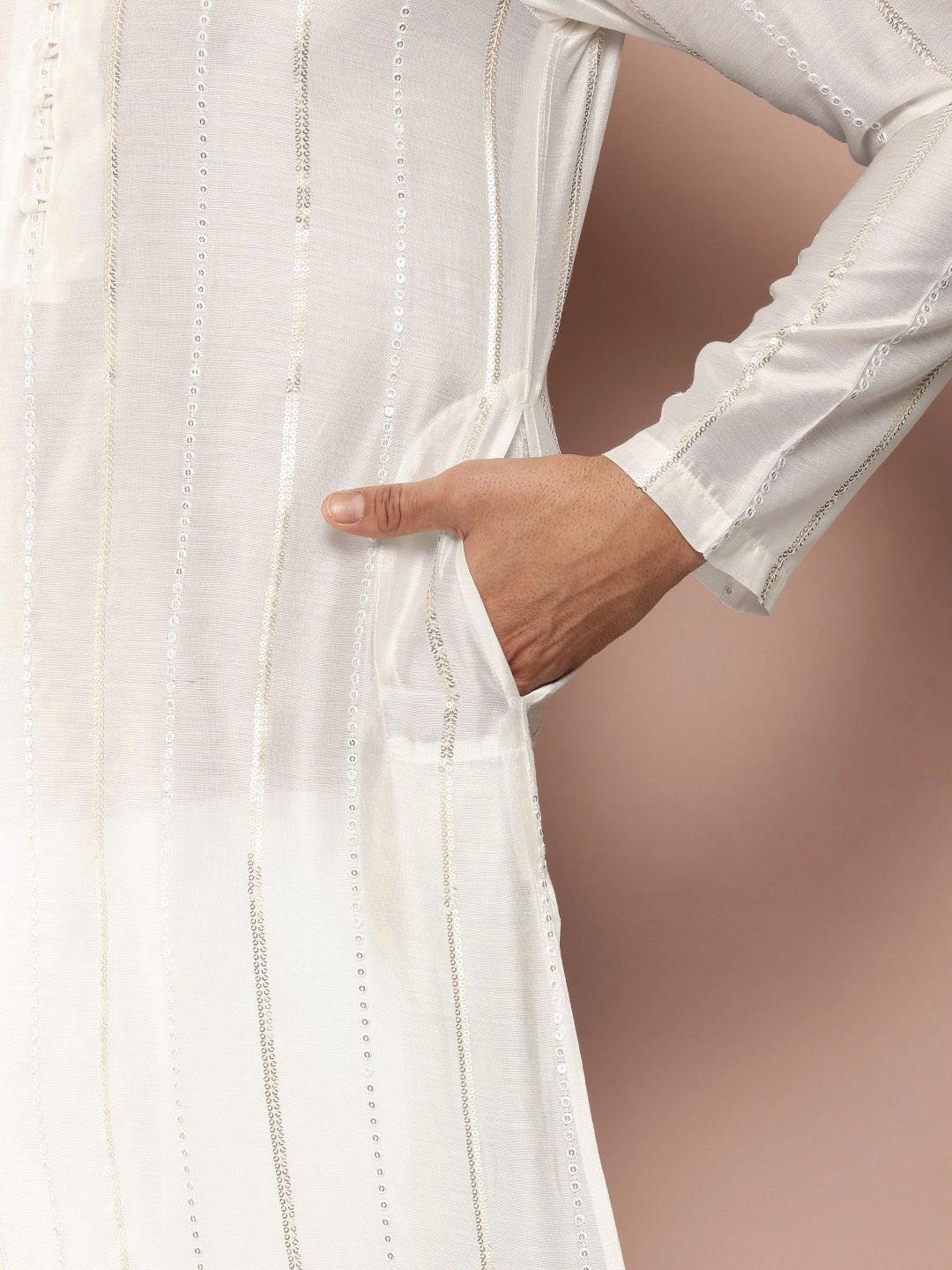 See Designs Mandarin Collar Striped Embroidered Sequinned Chanderi Silk Straight Kurta