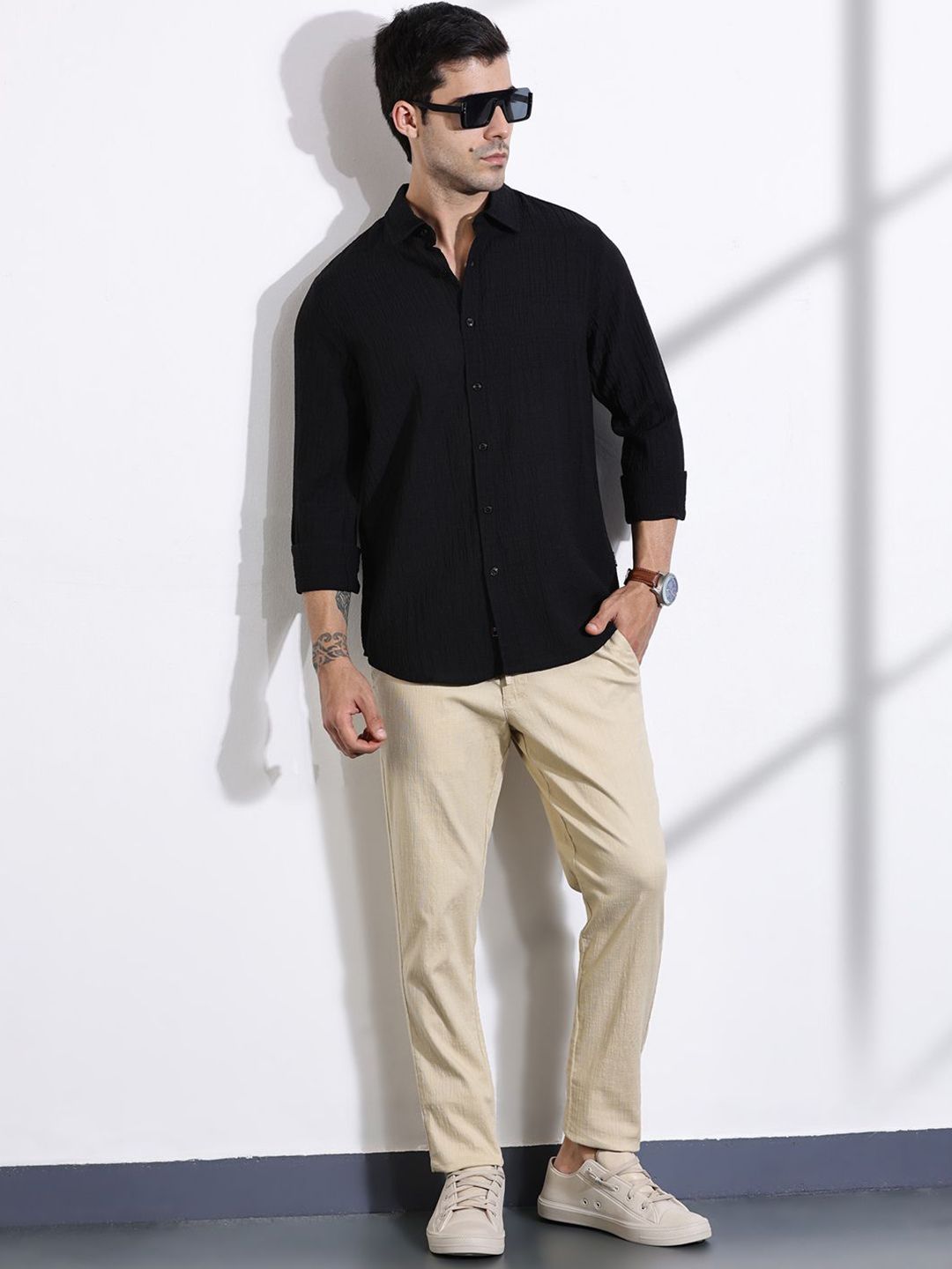 Thomas Scott Men Classic Slim Fit Spread Collar Textured Casual Shirt