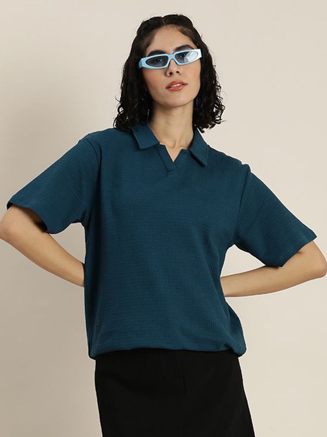 DILLINGER Women Self Design Polo Collar Cotton Oversized T-Shirt