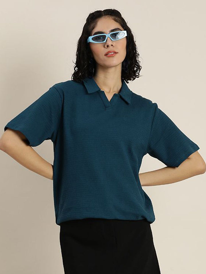 DILLINGER Women Self Design Polo Collar Cotton Oversized T-Shirt