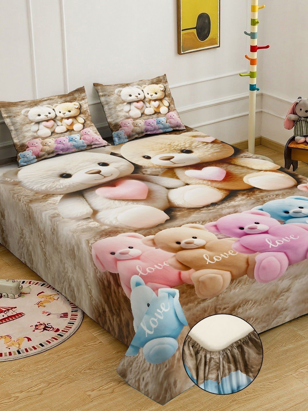 KLOTTHE Beige Cartoon Printed Fitted 300 TC Super King Bedsheet With 2 Pillow Cover