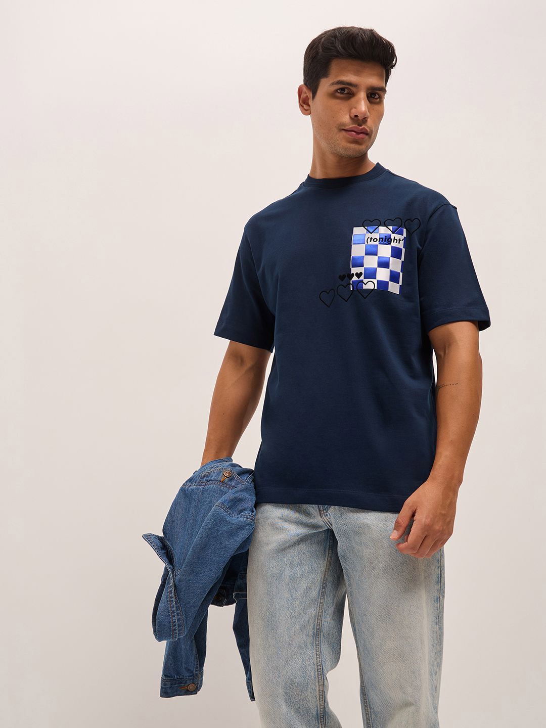 THE BEAR HOUSE Men Solid Round Neck Pure Cotton Oversized T-shirt